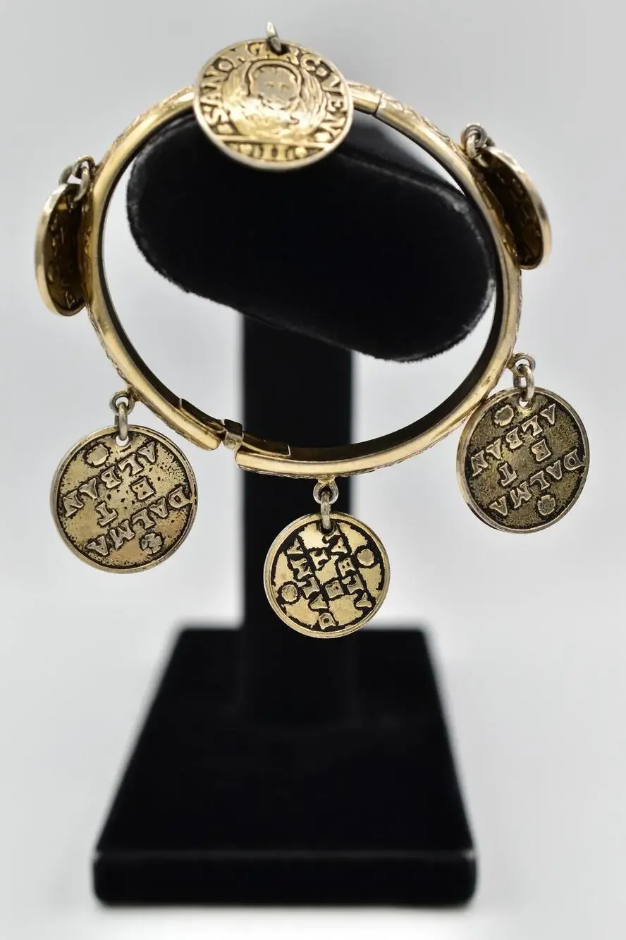 Whiting & Davis Vintage Coin Charm Bangle Bracelet Heavy Chunky Signed 70s BinAW